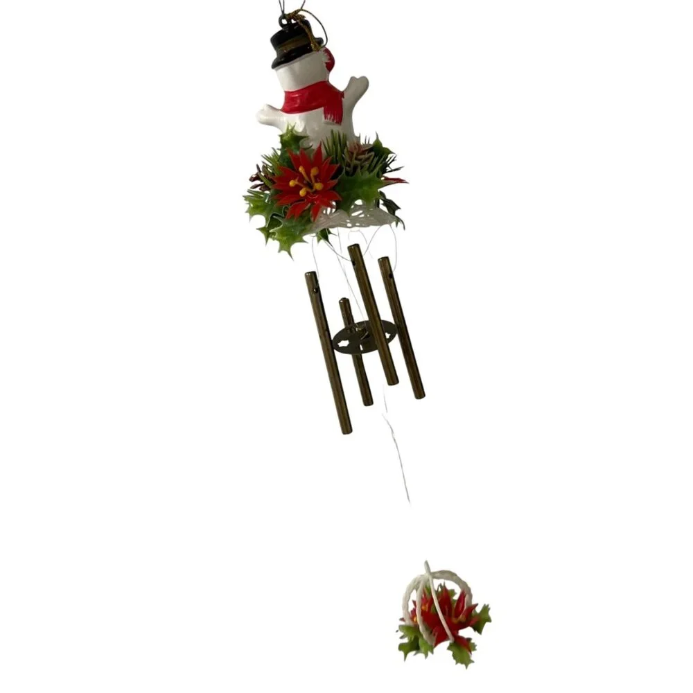 Vintage Plastic Snowman Wind Chime With Red Poinsettia & Bell Hanging Decoration